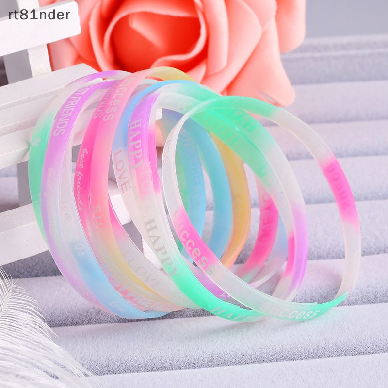 Rt Set 10 Vòng Tay Silicon Cao Su Dạ Quang Màu Kẹo In Chữ Thời Trang