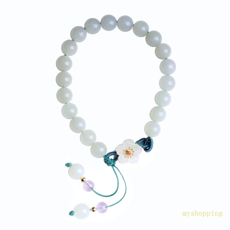 Vòng Tay Dây Bện Xỏ Hạt Ngọc Bích Tròn Màu Trắng Hình Hoa Đào Màu Sắc Thời Trang Cho Bạn Gái