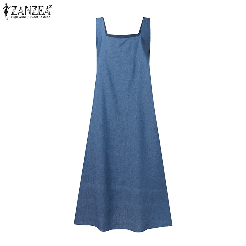 Zanzea Đầm Denim Không Tay Cổ Vuông Phong Cách Vintage Cho Nữ