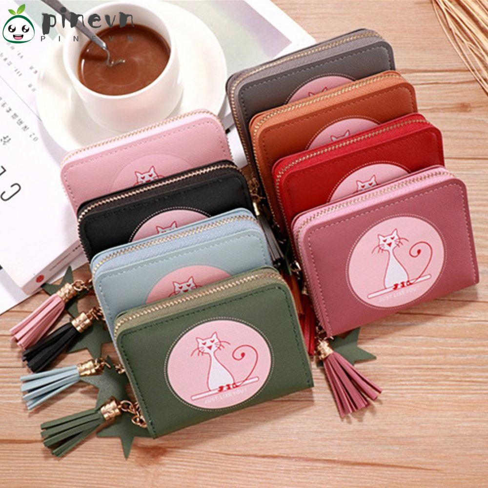 Ví Nhỏ Đựng Thẻ Có Khóa Kéo Phối Tua Rua Xinh Xắn Cho Nữ Giá Đỡ