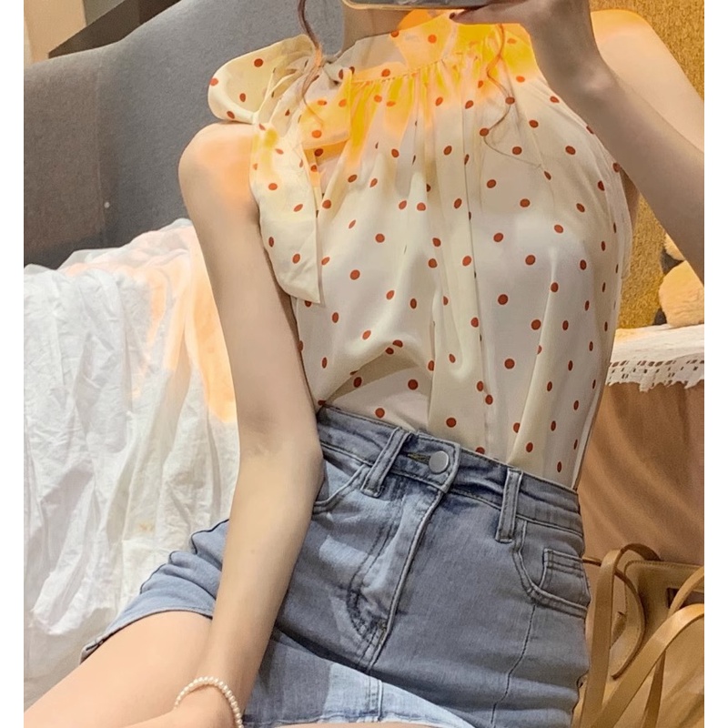 Áo chiffon Hở Vai Họa Tiết Chấm Bi Phong Cách vintage Dành Cho Nữ