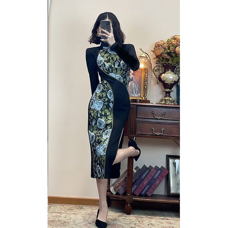M &amp; E [Giao Hàng Ngay Ngay Lập Phương] Đầm Sườn Xám Cách Tân Tay Dài Thiết Kế Độc Đáo Phong Cách Trung Hoa