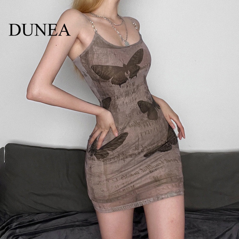 DUNEA Đầm Ôm Dáng In Họa Tiết Bướm Màu Sắc Tương Phản Quyến Rũ Dành Cho Nữ
