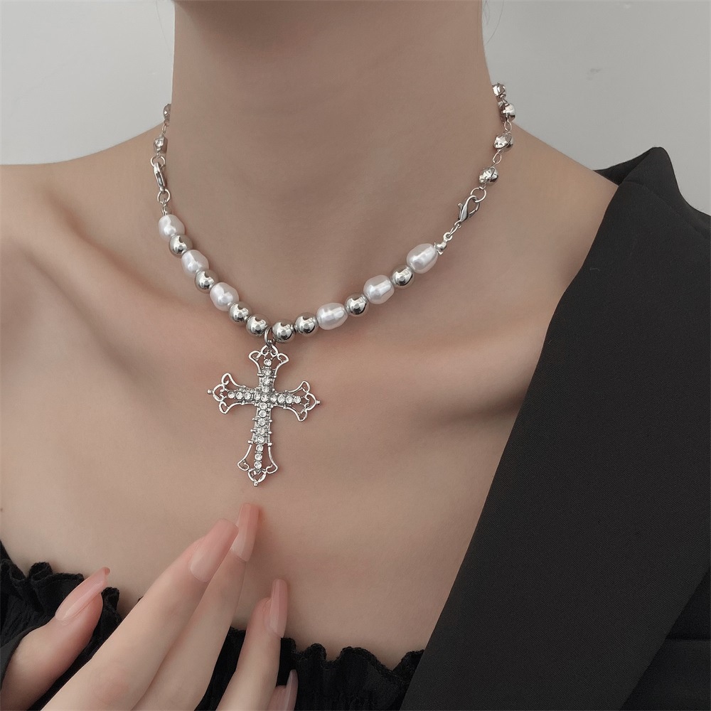 Vòng cổ Mạ Bạc 2K Đính Ngọc Trai Mặt Thánh Giá Thời Trang Cho Nữ