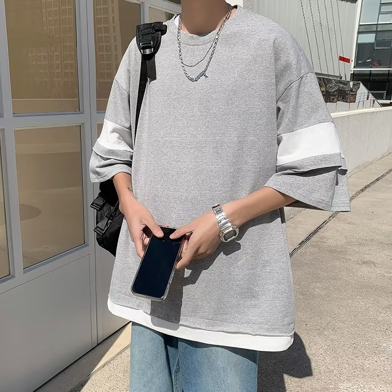 Áo Thun Nam Tay Ngắn Giả Hai Lớp Phong Cách Hong Kong