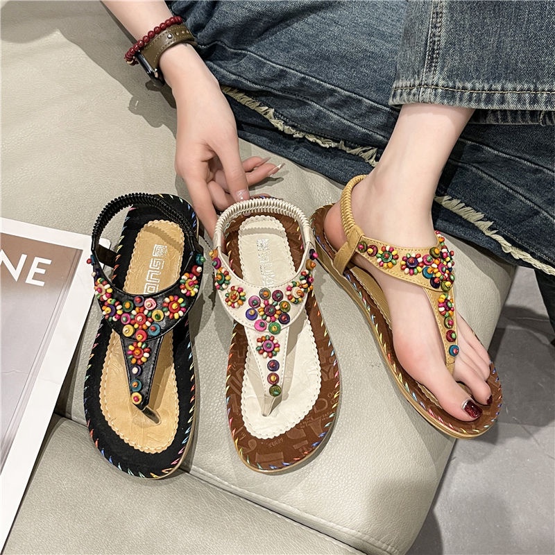 Oeggeo Xăng đan Đế Bằng Dây Co Giãn Phong Cách Bohemian Dành Cho Nữ