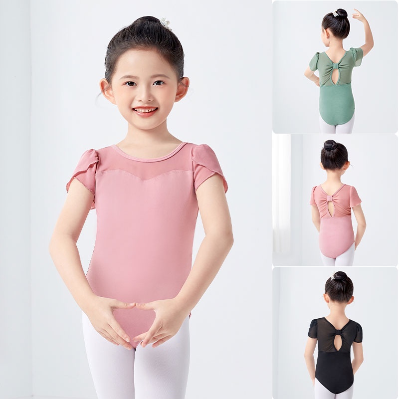 Áo Liền Quần Múa Ba Lê Tay Ngắn Bằng Cotton Ghép Nối Thắt Nơ Sau Lưng Cho Bé Gái