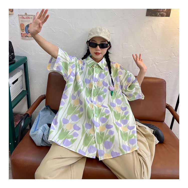 Áo Sơ Mi Tay Ngắn Dáng Rộng In Họa Tiết Hoa Tulip Phong Cách Hong Kong Thời Trang Mùa Hè Mới Cho Nữ