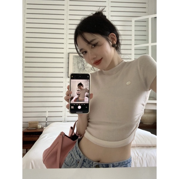 Áo Thun Dệt Kim Mỏng Tay Ngắn Màu Sắc Trơn Phong Cách Hàn Quốc Dành Cho Nữ