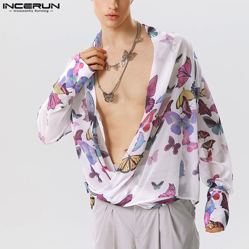 INCERUN Áo Sơ Mi Tay Dài In Hình Bướm Xếp Ly Cá Tính Cho Nam