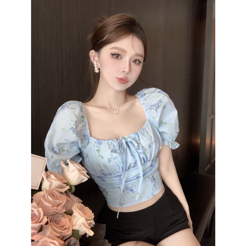SUXI Áo Kiểu Tay Phồng Ôm Dáng Co Giãn In Họa Tiết Hoa Xinh Xắn Thời Trang Phong Cách Hàn Quốc