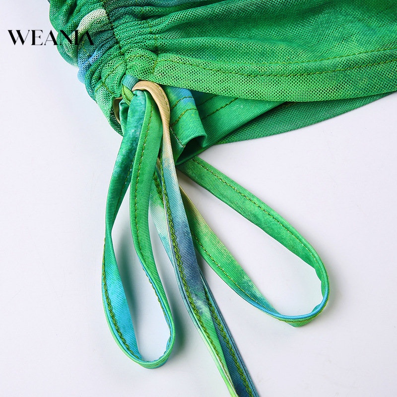 Weania Bộ Áo In Họa Tiết Màu Nhuộm Phối Chân Váy Dây Rút Mini Không Đều Cho Nữ