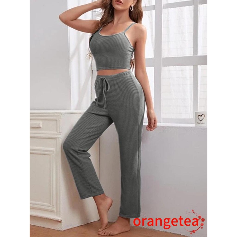 Ort-bộ Đồ Ngủ 3 Món Gồm Áo Croptop + Quần Dài Dáng Rộng + Áo Khoác Cardigan Cho Nữ