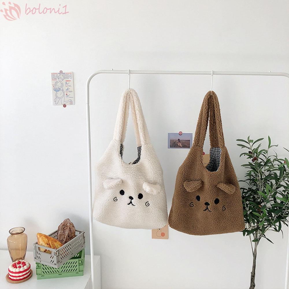 1 Túi Xách Tote Phủ Bông Mềm Họa Tiết Hoạt Hình Đáng Yêu Thời Trang Mùa Đông