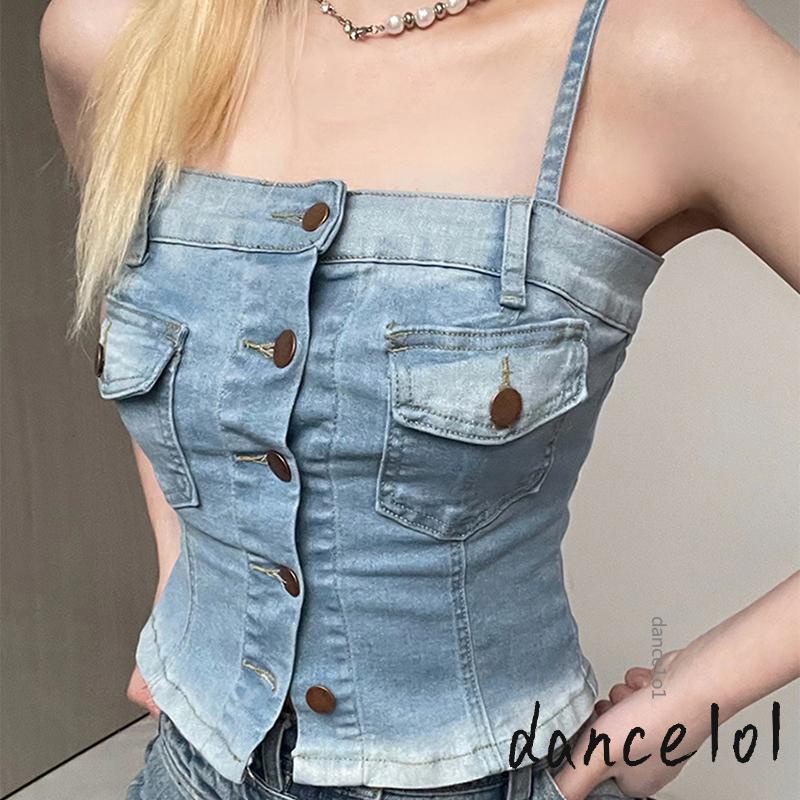 Áo Denim Nữ Nhảy Múa 1O1 Không Tay Có Túi Và Nút Gài