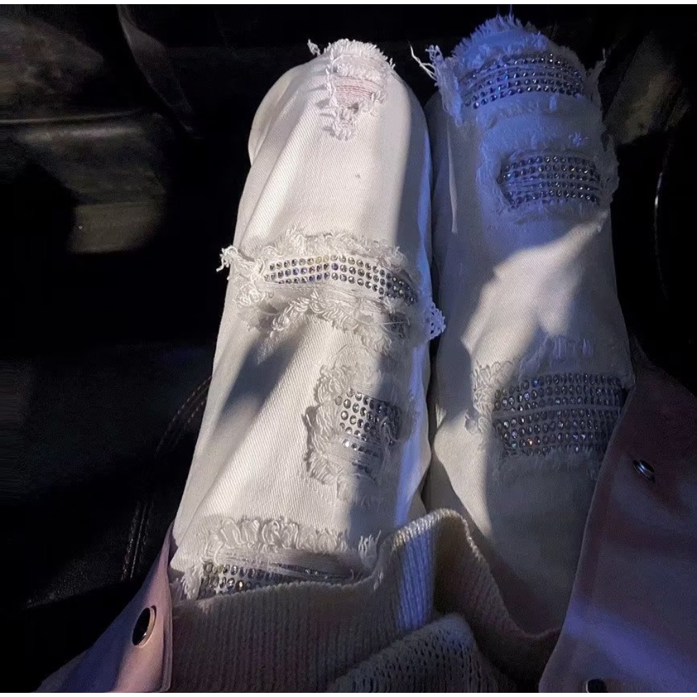 Quần Jean Rách Đính Kim Cương Trắng Phong Cách Đường Phố Mới Mùa Hè Cho Nam Và Nữ