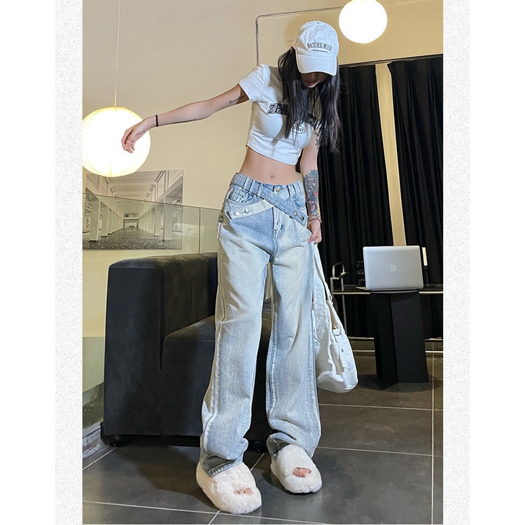 Quần Jean Dài Lưng Cao Ống Rộng Phong Cách Retro Mỹ Thời Trang Mùa Thu Cá Tính Cho Nữ