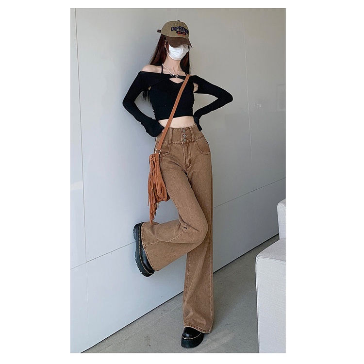 Quần Jean Nữ Ống Loe Rộng Lưng Cao Màu Nâu Phong Cách Hàn Quốc Cổ Điển Thời Trang Thu Đông Kiểu Mới