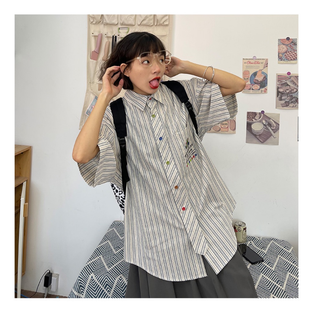 Áo Sơ Mi Tay Ngắn Kẻ Sọc In Hoạt Hình Thời Trang Mùa Hè 2023 Cho Nữ