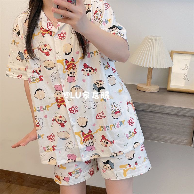 Bộ Đồ Ngủ Tay Ngắn Chất Liệu Cotton Mỏng In Họa Tiết Hoạt Hình Phong Cách Nhật Bản Cho Cặp Đôi