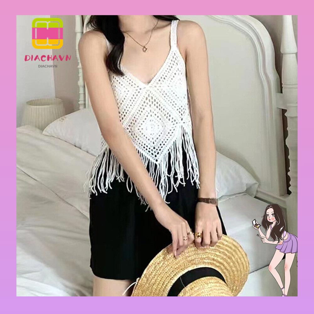 Áo Crop Top Vải Cotton Dệt Kim Phối Tua Rua Thời Trang Mùa Hè Cá Tính