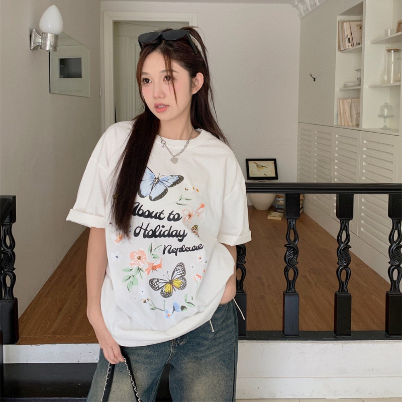 Áo Thun Tay Ngắn Cổ Tròn Dáng Rộng In Hình Bướm Thời Trang