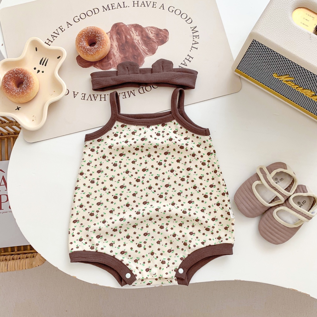 Bộ Áo Liền Quần In Hoa Tím Kèm Băng Đô Thời Trang Mùa Hè Cho Bé Gái 0-24 Tháng Tuổi