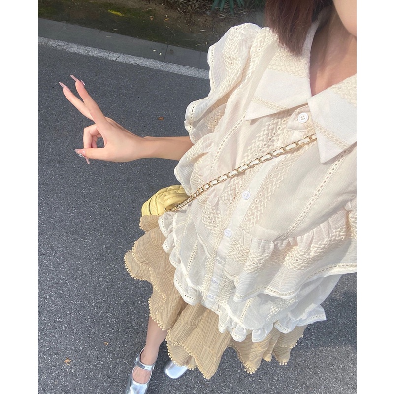 Set Áo Kiểu Ngắn Tay Nhún Bèo + Chân Váy Lưng Cao Thời Trang Nữ