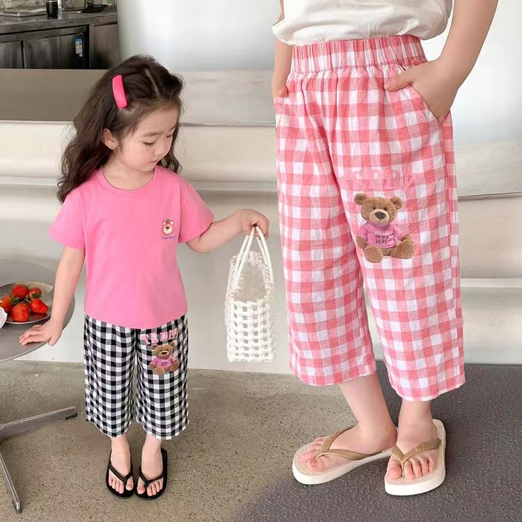 Quần Dài Dáng Rộng Họa Tiết Sọc Caro Phong Cách Hàn Quốc Thời Trang Mùa Hè Cho Bé Gái 7 Tuổi