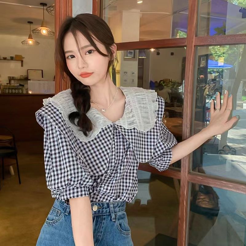 COZOK Áo Sơ Mi Tay Ngắn Cổ Búp Bê Họa Tiết Kẻ Sọc Thời Trang Vintage