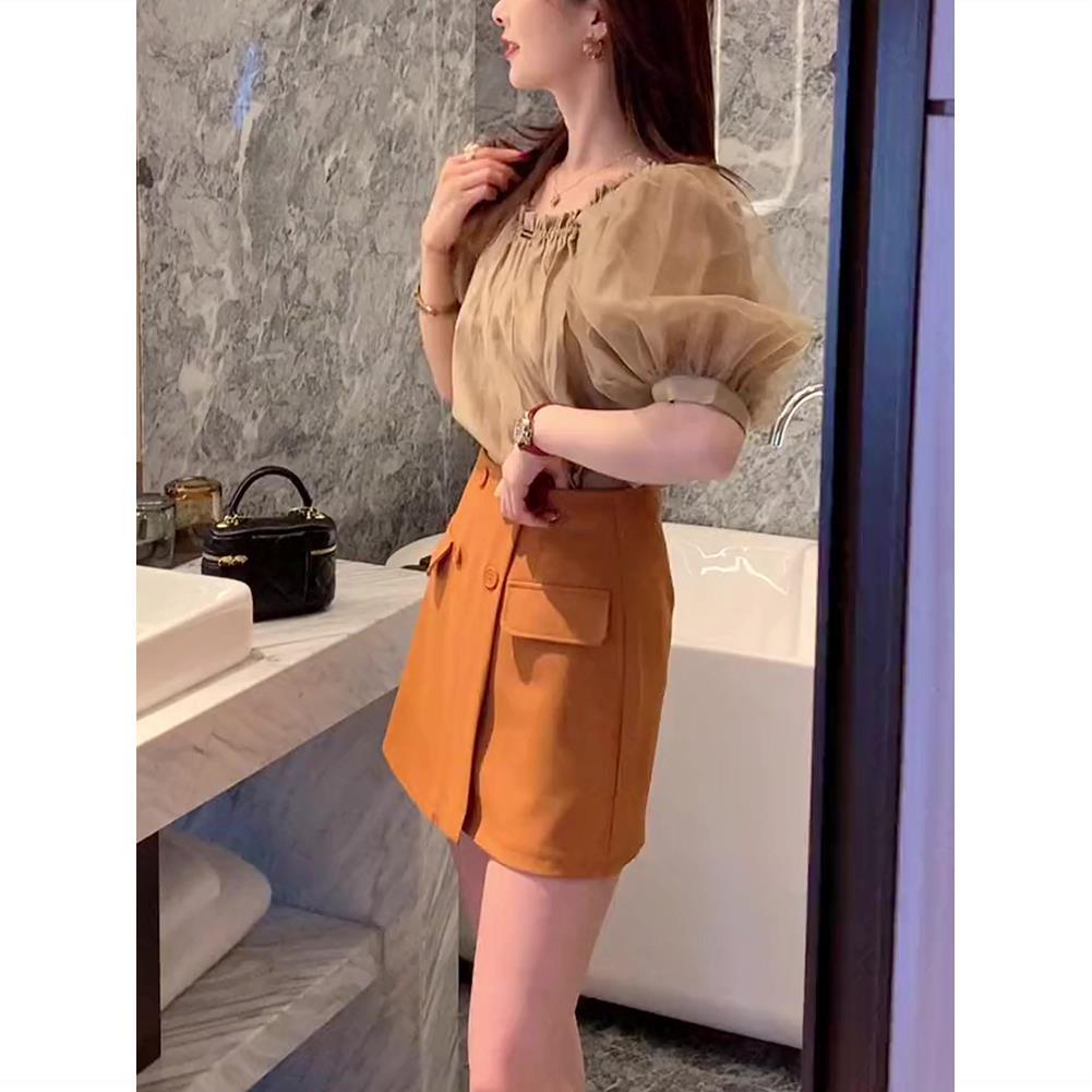 Bộ Áo Lưới Trễ Vai + Chân Váy Chữ a Lưng Cao Phong Cách Hong Kong Thời Trang Cao Cấp Cho Nữ