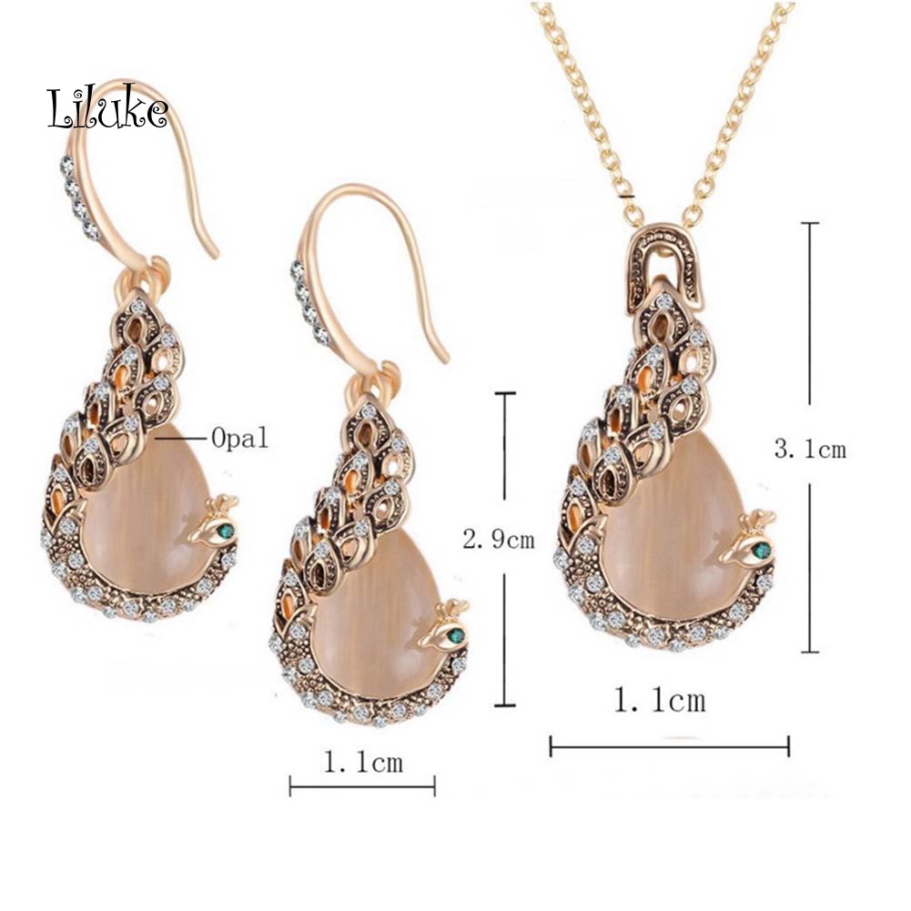 Bộ Vòng cổ + Đôi Khuyên Tai Mặt Đá Opal Giả Hình Giọt Nước Độc Đáo Cho