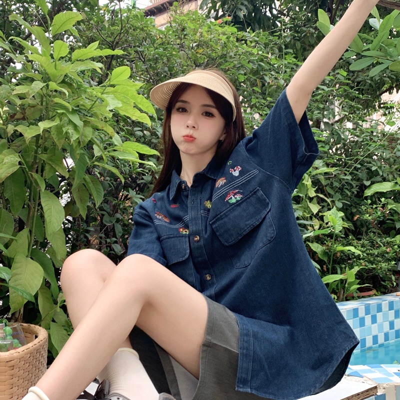 Áo Sơ Mi Denim Tay Ngắn Thêu Họa Tiết Hoạt Hình Thời Trang Mùa Hè Dành Cho Nữ