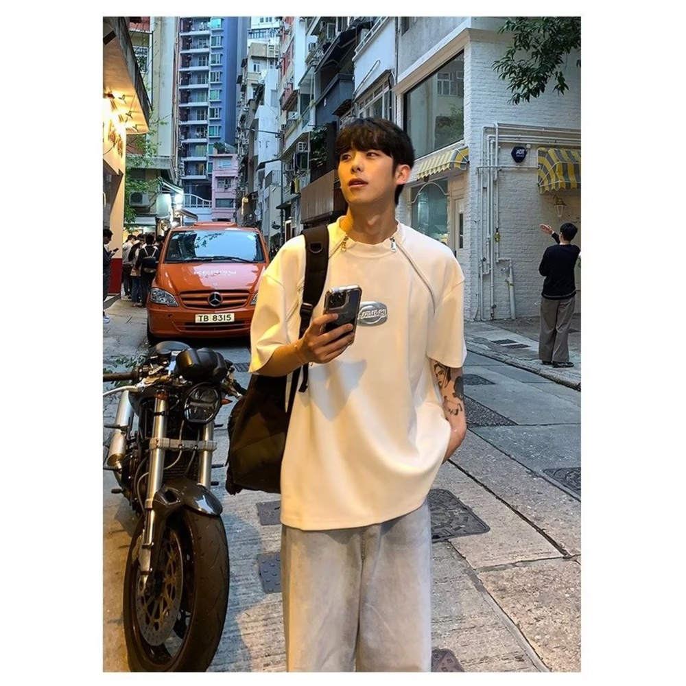 Áo Thun Tay Lỡ Phối Khóa Kéo Đôi Phong Cách Đường Phố Mỹ Thời Trang Mùa Hè Cá Tính