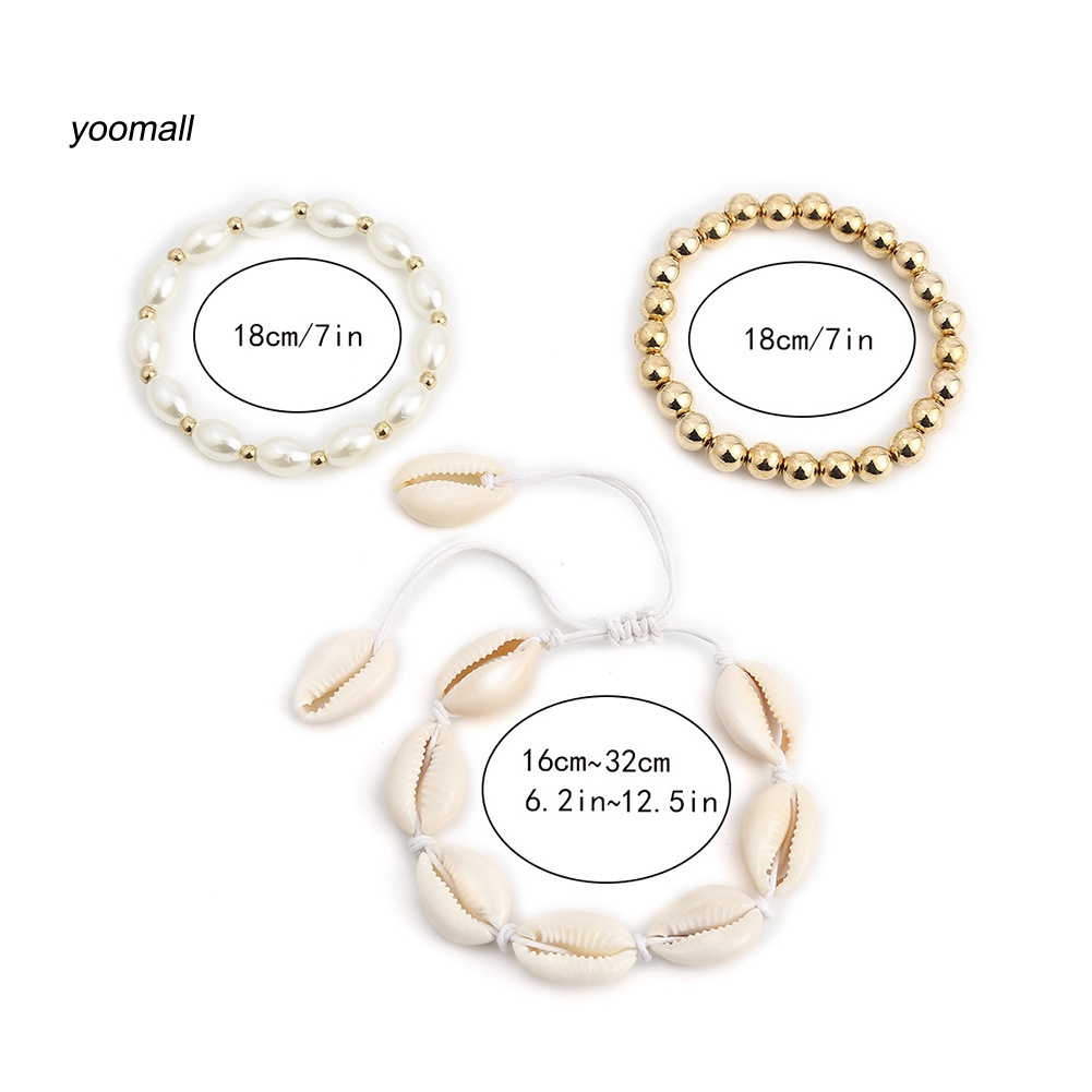 Set 3 Vòng Tay Vỏ Sò Đính Ngọc Trai Giả Thời Trang