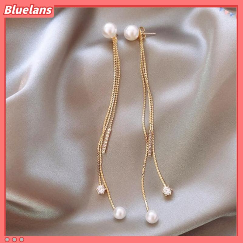 Bông Tai Chuỗi Ngọc Trai Dáng Dài Đính Đá Phối Tua Rua Thanh Lịch