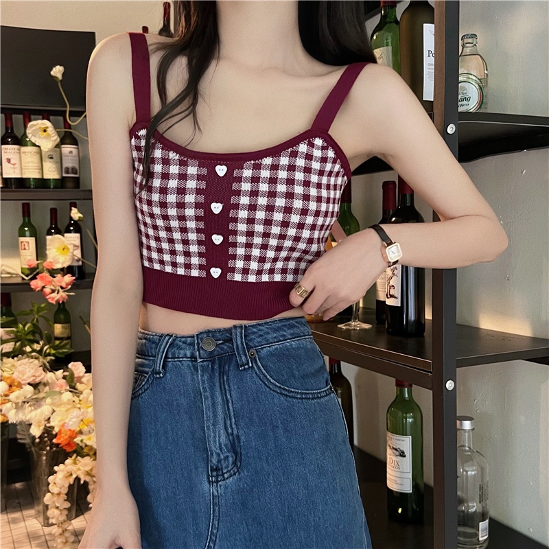 Áo Dệt Kim Hai Dây Dáng Ngắn Cài Nút Họa Tiết Trái Tim Thời Trang Mùa Hè Cho