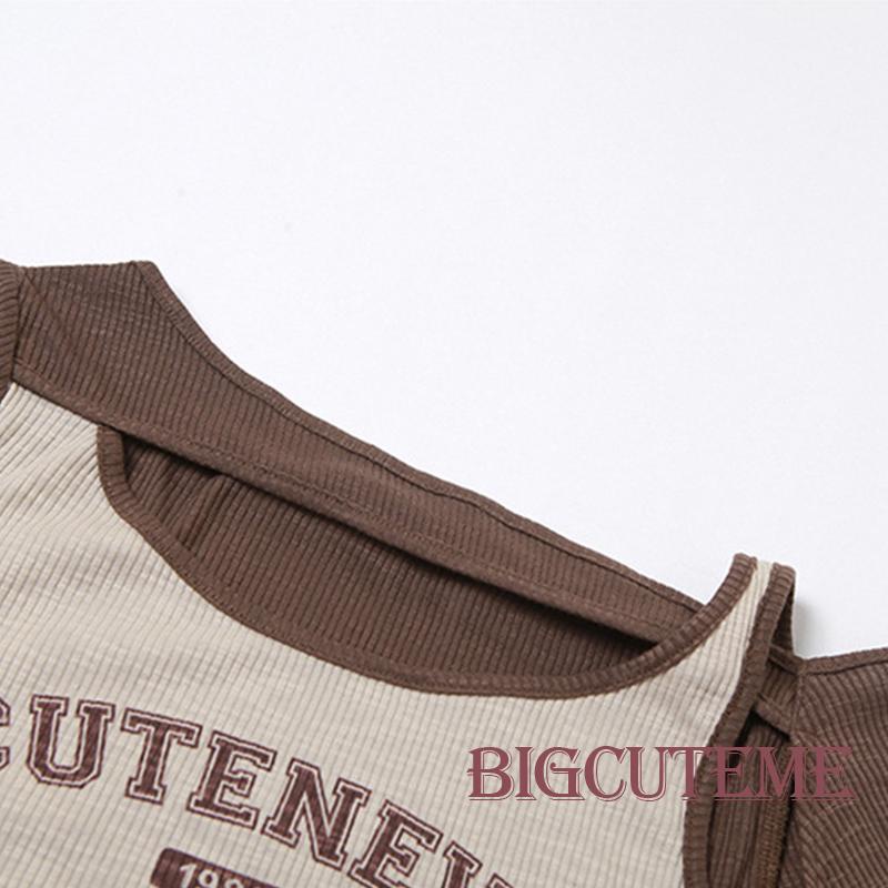 [] Áo Thun Crop Top Tay Ngắn Cắt Chắp Vá Đơn Giản Dễ Thương Thời Trang Đường Phố Tiệc Tùng Dành Cho Nữ