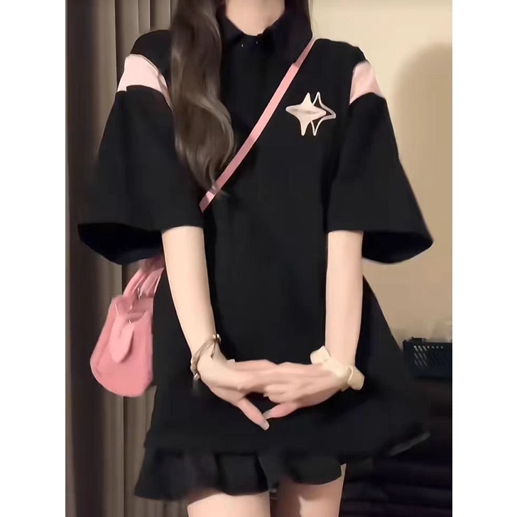 Áo polo Ngắn Tay Dáng Rộng Phối Màu Tương Phản Cá Tính Cho Nữ