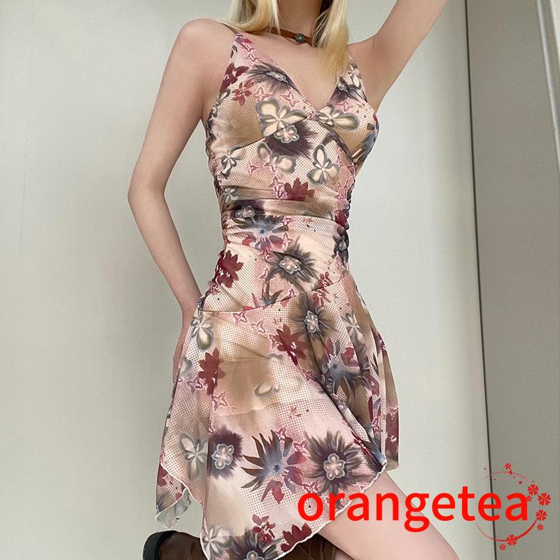 Đầm Hai Dây Dáng Chữ A Hở Lưng Cổ Chữ V In Họa Tiết Hoa Thời Trang Mùa Hè Cho Nữ