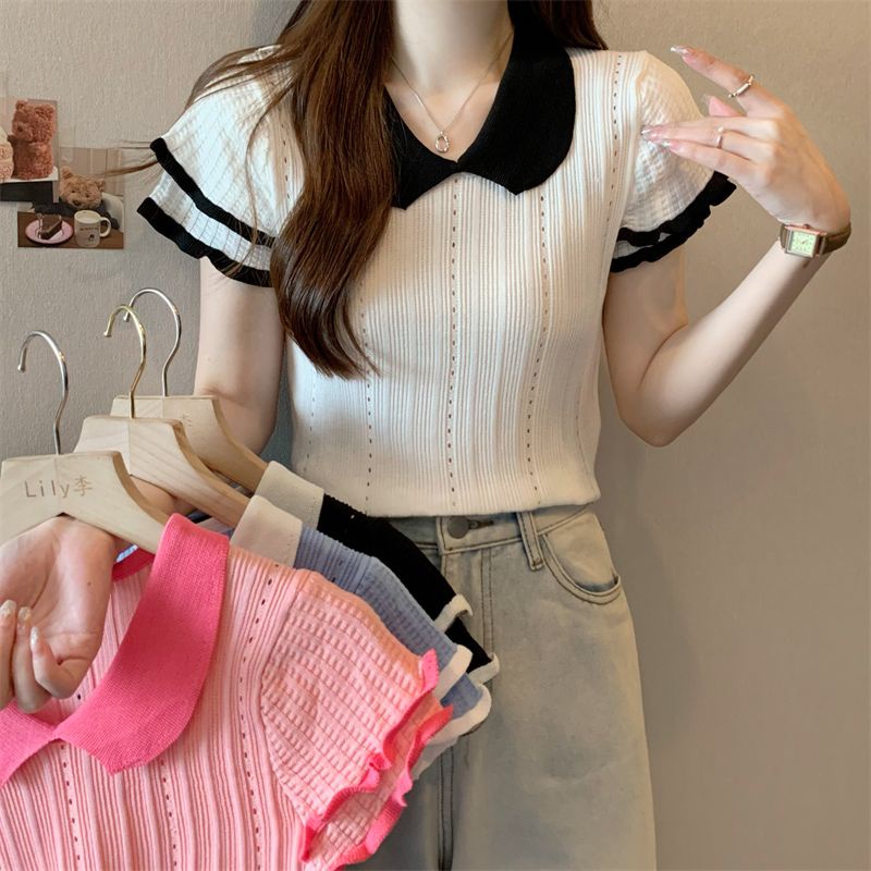 2023 Mới Rỗng Top Thiết Kế Cao Cấp Niche Hồng Búp Bê Cổ Mỏng Nửa Tay Áo Len Nữ Mùa Hè