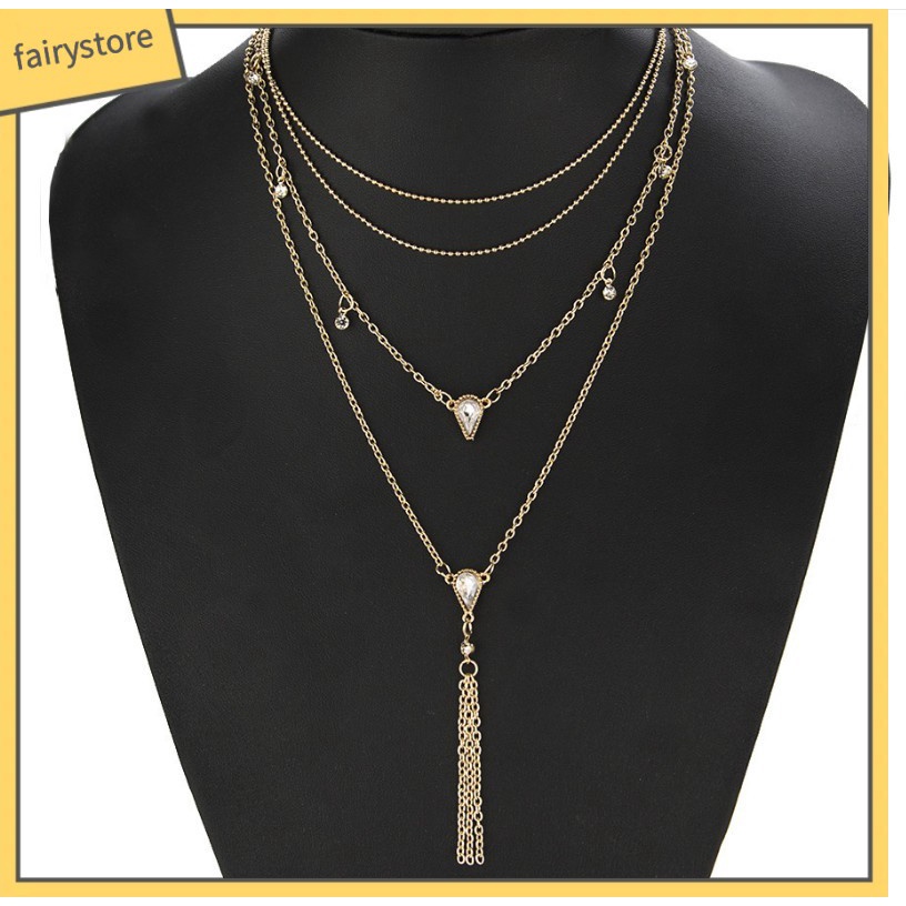 Vòng cổ Nhiều Lớp Đính Đá Tua Rua Thời Trang