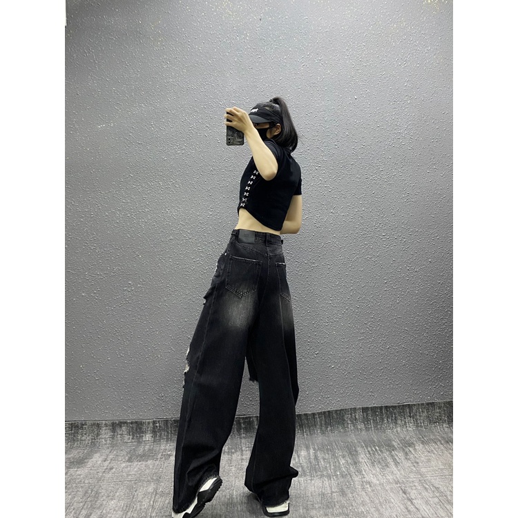 Quần Jean Rách Lưng Cao Ống Rộng Phong Cách Đường Phố Mỹ Thời Trang Mùa Hè Cho Nữ