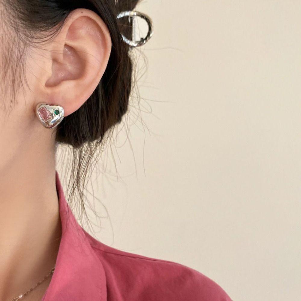 Khuyên Tai Bạc Hình Trái Tim Đính Nơ Hồng Không Gây Dị Ứng Lãng Mạn Cho Nữ