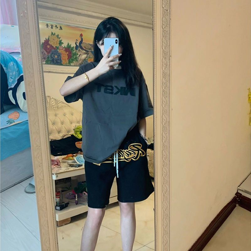 Quần Short Thể Thao Ống Rộng Màu Đen In Chữ Thời Trang Mùa Hè Cho Nữ