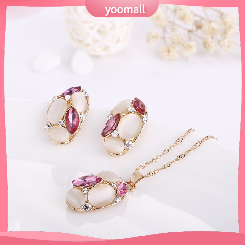 [YM] Bộ Trang Sức Gồm Vòng cổ, Bông Tai, Bộ Trang Sức Đá Opal Hình Oval