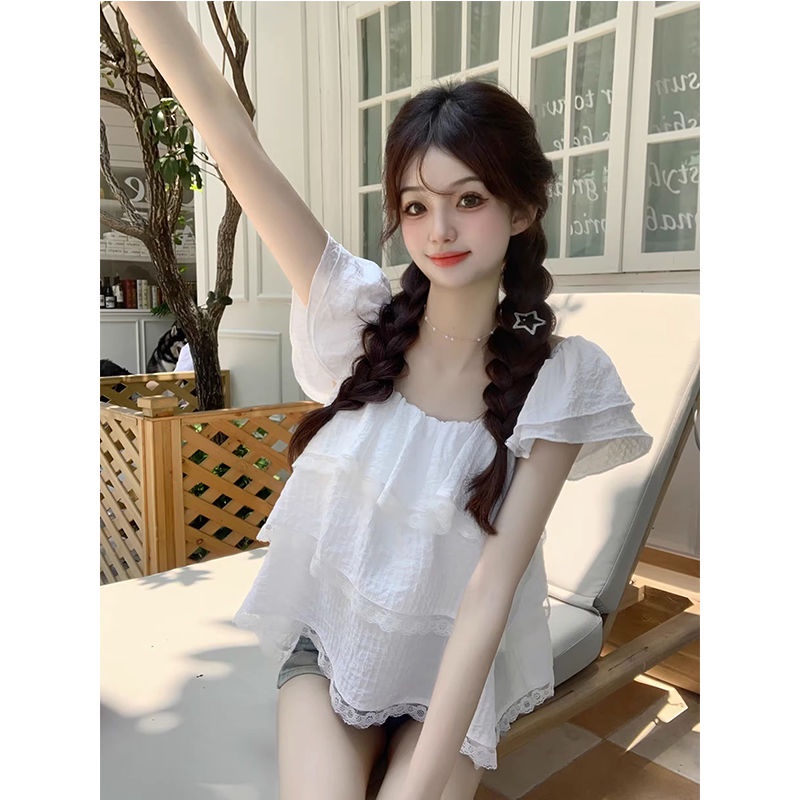 Áo Kiểu Tay Ngắn Cổ Vuông Phối Ren Ngọt Ngào Cho Nữ