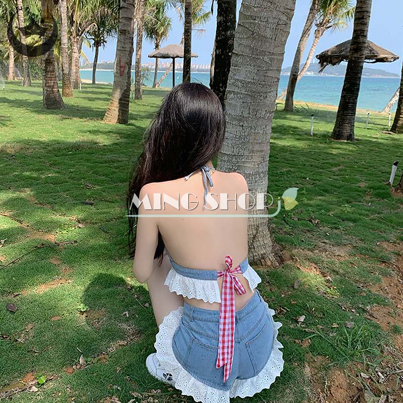 Set Áo Bra Ren + Quần Short Denim Lưng Thun Quyến Rũ Cho Nữ