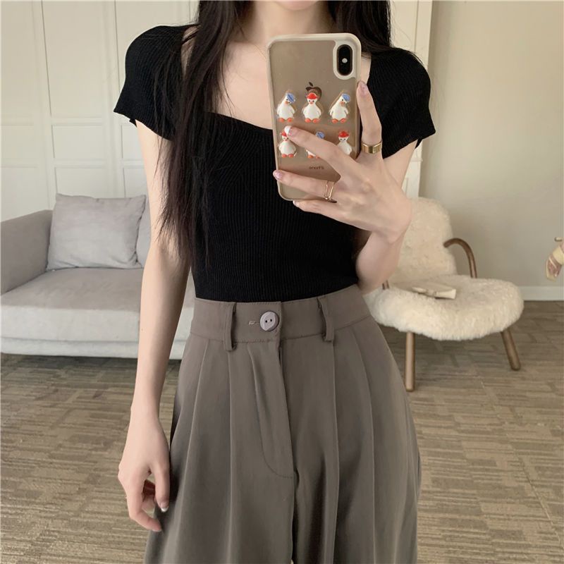 G-Fashion Áo Thun Tay Ngắn Cổ Vuông Màu Đen Thiết Kế Đơn Giản Thời Trang Mùa Hè Theo Phong Cách Hàn Quốc