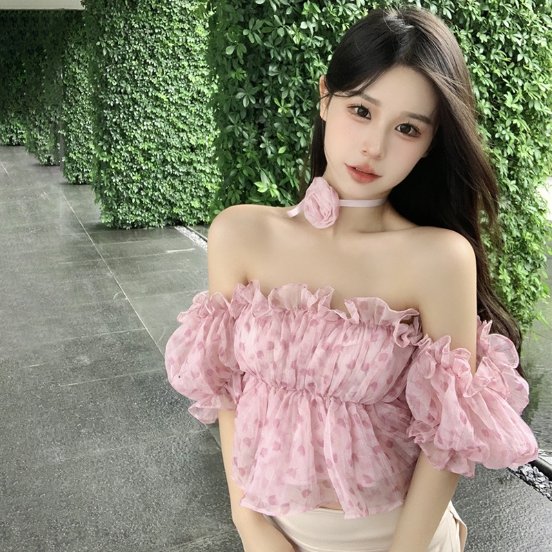 Áo Croptop Trễ Vai Ngắn Tay In Họa Tiết Hoa Phong Cách Hàn Quốc Cho Nữ